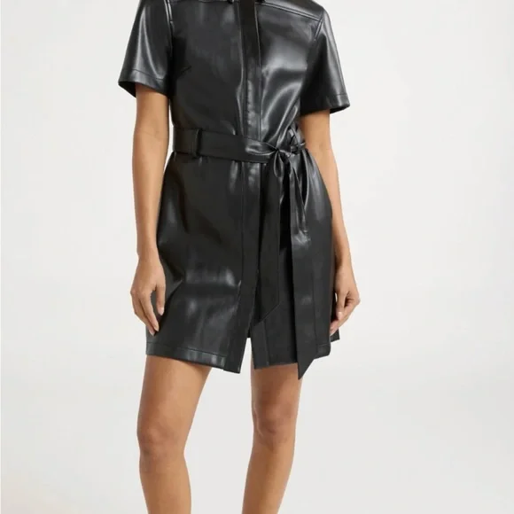 Scoop Women's and Women's Plus Faux Leather Collared Mini Shirt Dress with Short Sleeves, Sizes Xs-4x